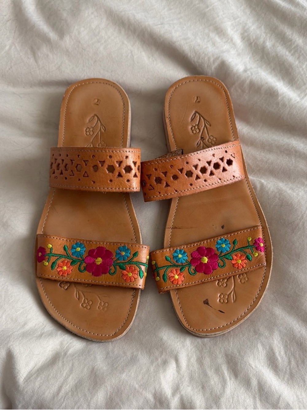 MEXICANA Tan Leather Slide Sandals with Multicolor Floral Embroidery